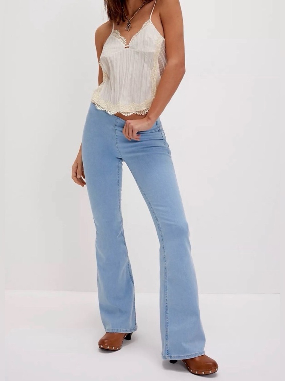 Free People Light Wash Stretch Flare Pull On Stretchy Jeans